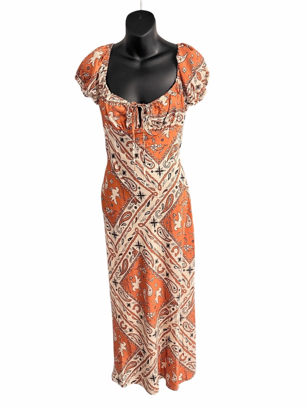 Bailey Rose Orange Paisley Western Midi Dress with Puff Sleeves NWT Small